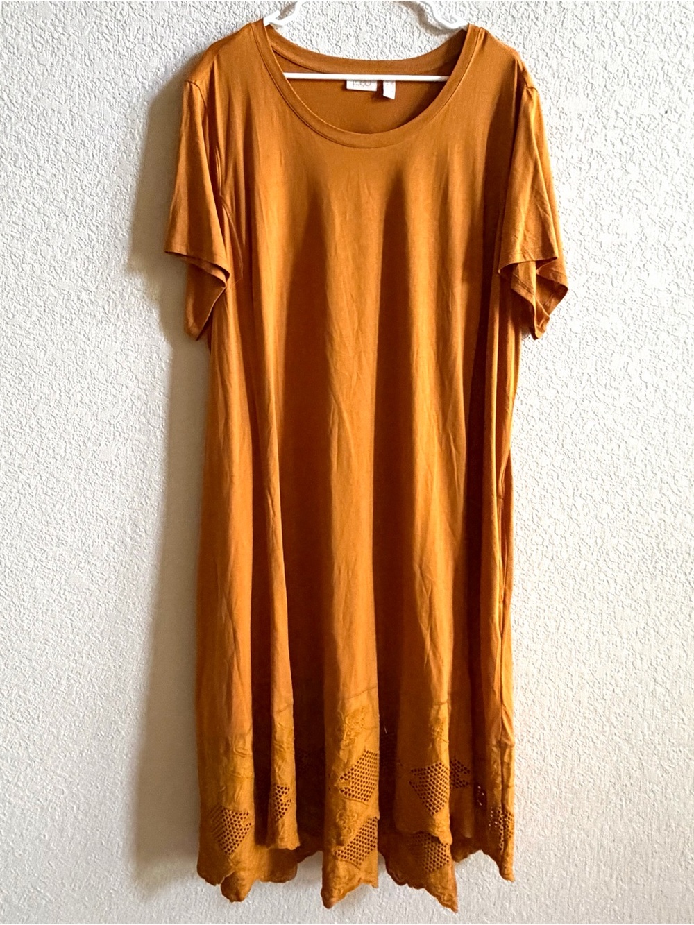 LOGO Lavish Dress Womens 3X Yellow Swing T Shirt Midi Embroidered Hem Pockets